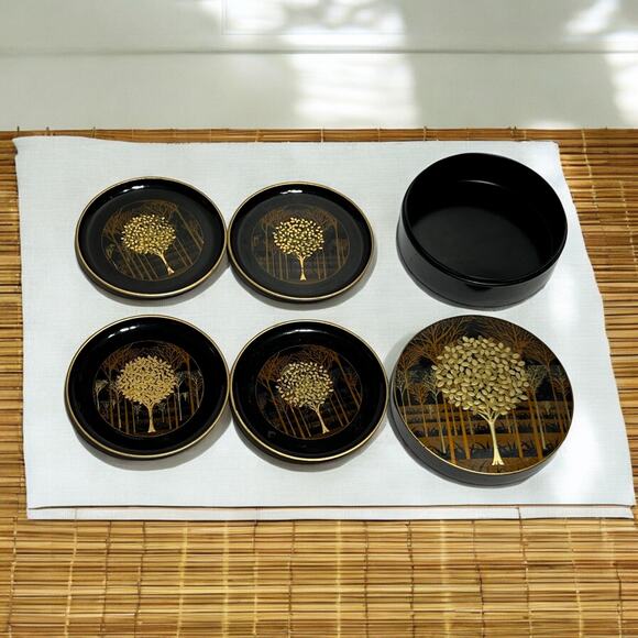 Hand Crafted Otagiri Vtg  Japan Coaster lacquer Set Of 4 & container Asian pics - Picture 1 of 12